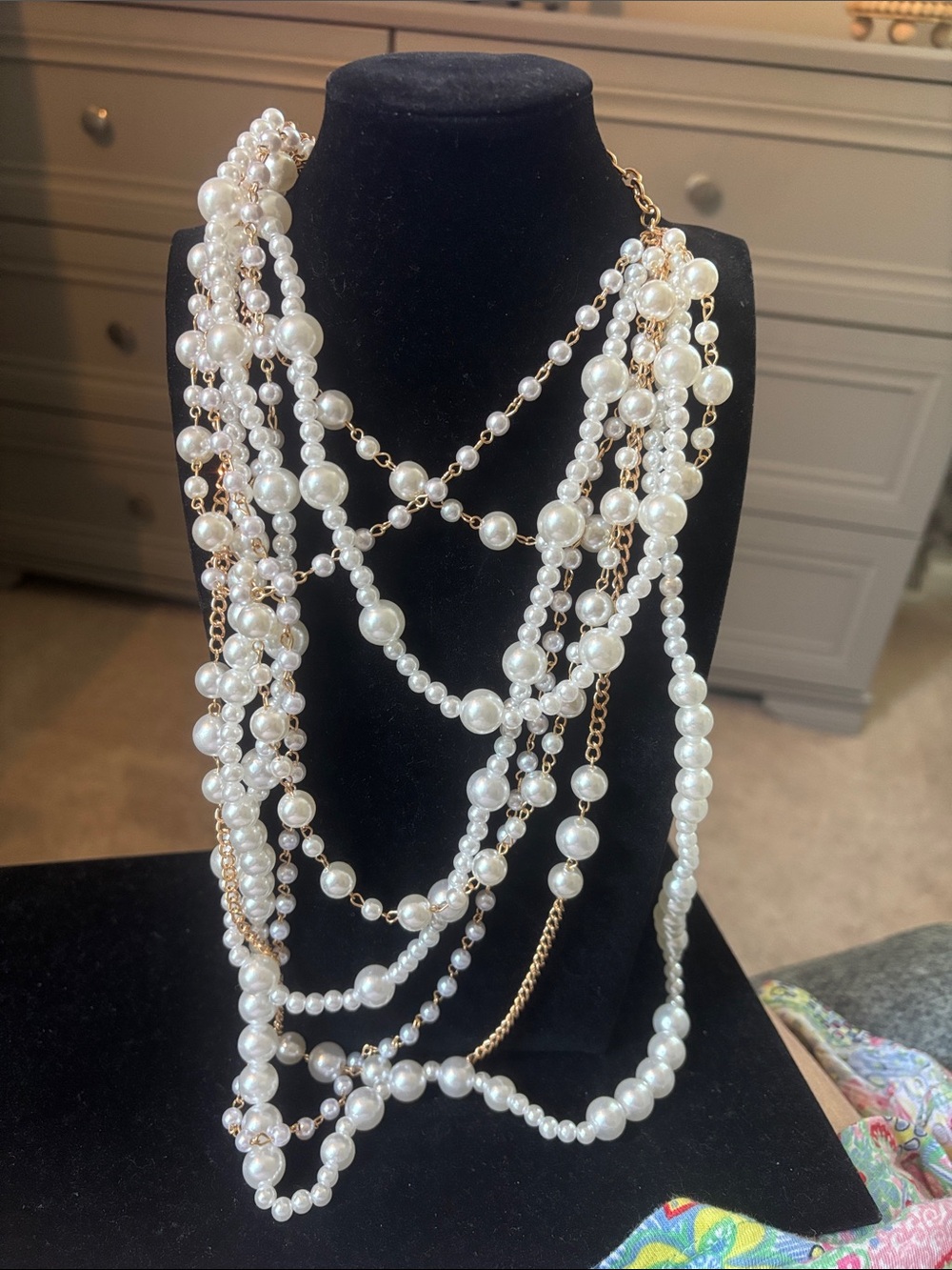 Elegant Multi-Strand White Pearl and Gold Necklace